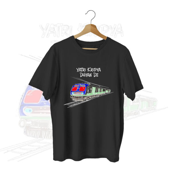 Yatri Kripya Dhyan De (Indian Rail) T-shirt Black Front – Dede Yaar