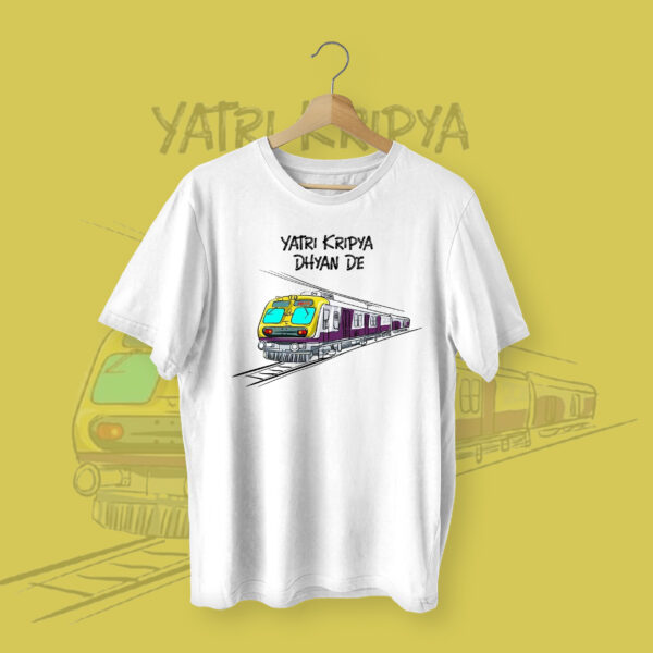 Yatri Kripya Dhyan De (Indian Rail) T-shirt White Front – Dede Yaar