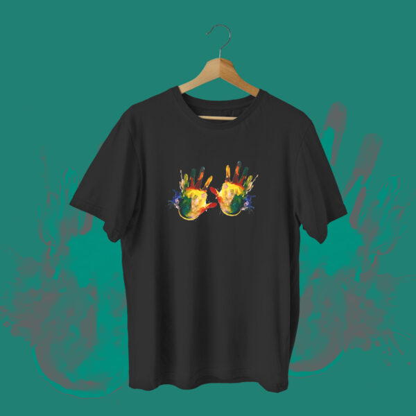 Happy Holi Colorful Hands T-shirt Black Front – Dede Yaar