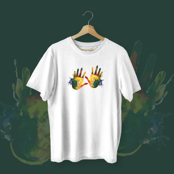 Happy Holi Colorful Hands T-shirt White Front – Dede Yaar